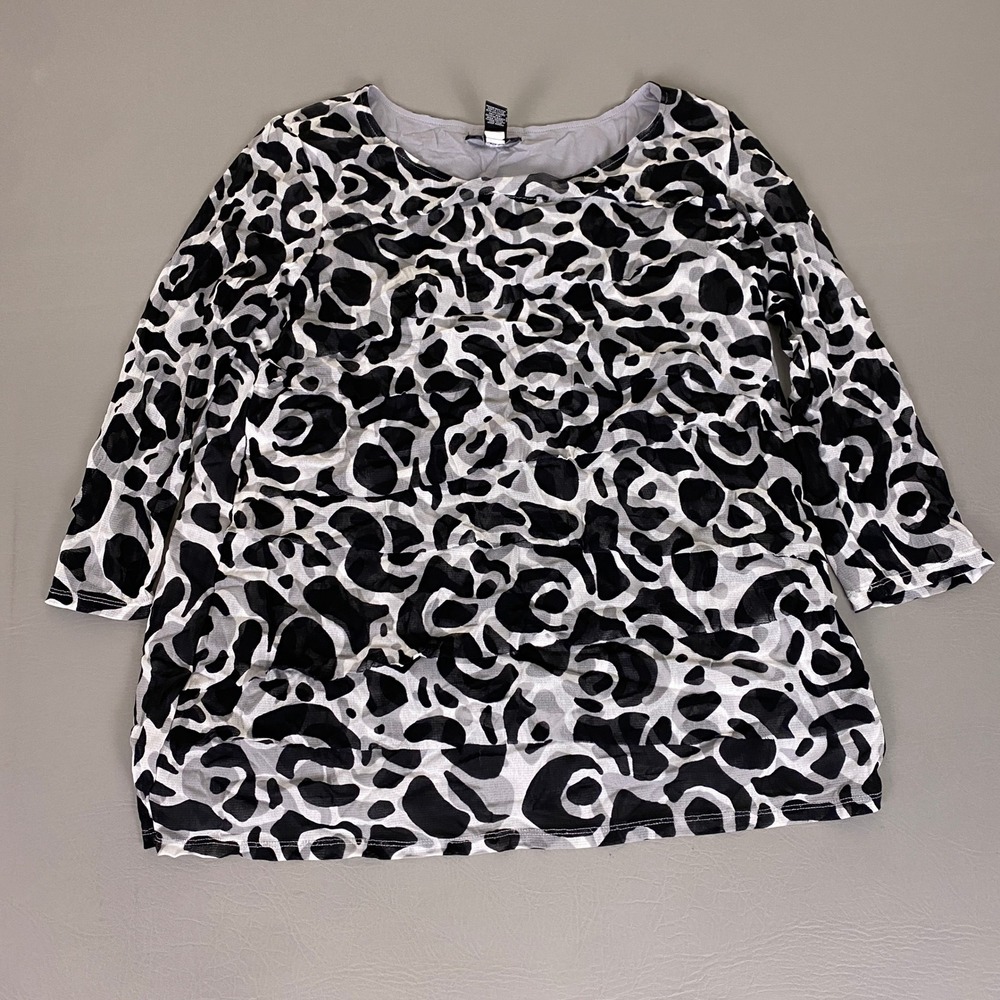 Alfani Tunic Blouse Women's 1X Black White Abstract Animal Print Mesh 3/4 Sleeve